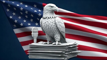 American Eagle Statue on Documents, Microphone, and US Flag in Digital Composition