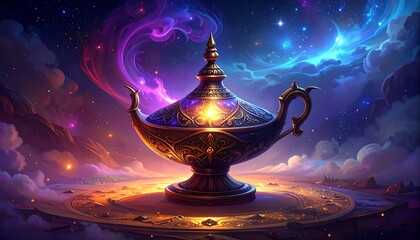 Ornate lamp glows, magical smoke swirls around it in cosmic night sky