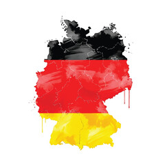 Vibrant illustration of the German flag painted over a map of Germany with bold brushstrokes and dripping colors on a white background.