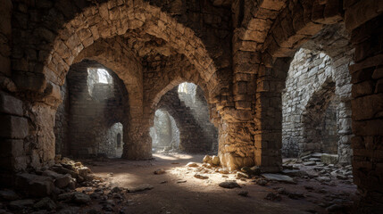 Ruined castle interior with crumbling stone archways and dramatic light, ancient and mysterious