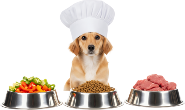 Adorable puppy wearing chef hat with three bowls of food chopped vegetables kibble and raw meat isolate