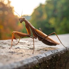 Mantis on a stone wall at sunset