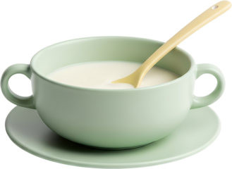 A pastel green bowl of creamy soup with a yellow spoon sitting on a matching saucer isolate food meal