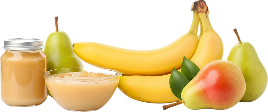 Fresh pears and bananas alongside baby food in a glass jar and bowl isolated Puree Fruit Healthy Organic transparent background - Powered by Adobe
