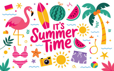 Naklejka premium Colorful Summer Elements Clipart, Tropical Icons with Flamingo, Watermelon, Coconut Palm, Sun, Vector Illustration Bundle for Seasonal Designs, DIY Projects, Scrapbooking, T-Shirt Prints, and Summer D
