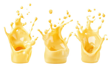 Yellow cheese liquid splashes isolated on transparent background. Set of melted cheese splashes isolated on white background.