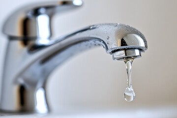 Macro shot of a voluminous water droplet emerging from faucet, with Close up large drop coming