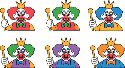 Colorful clown illustration set, cartoon joker character vector, funny circus mascot design, playful carnival clown artwork, children entertainment concept
