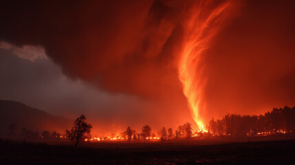 Massive wildfire, fire tornado, intense flames, dramatic sky, forest burning, night