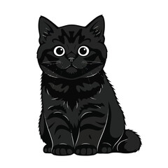 Illustration of a black cat sitting and looking forward with large eyes on a white background.