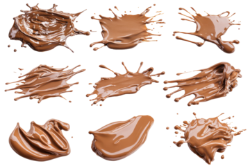 Collection of chocolate splashes and drips isolated on transparent background. Set of melted chocolate splashes isolated on white background.