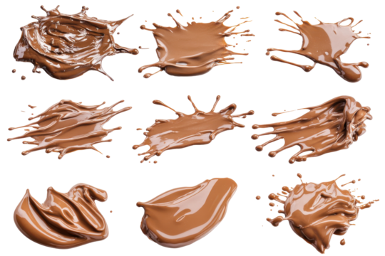 Collection of chocolate splashes and drips isolated on transparent background. Set of melted chocolate splashes isolated on white background.