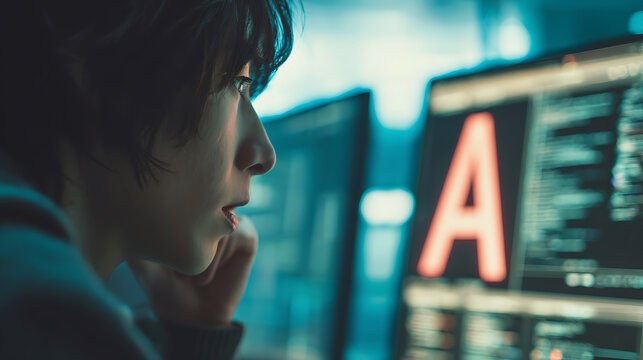 Person focused on computer screen displaying code and large letter A in dimly lit environment