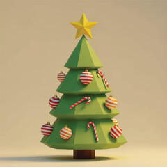 A 3D-rendered green Christmas tree decorated with red and white striped ornaments and candy canes topped with a gold star on a beige background.