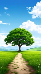 Fototapeta premium A lush, green field path leading to a large tree under a vibrant blue sky