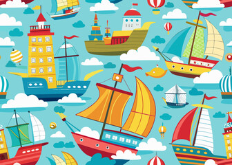 Whimsical cartoon ships and clouds on a bright blue sky