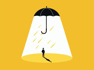 Insurance. Businessman standing under a protective umbrella

