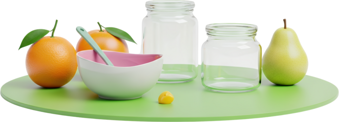 Two empty glass jars one orange with leaves a pear a bowl with a spoon and a small yellow object on a green surface isolate