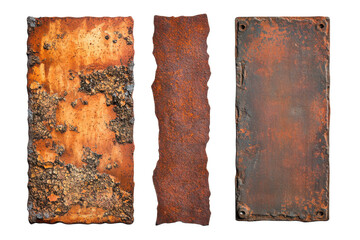 Collection of eight rectangular weathered metal plates with rust and texture isolated on transparent background. Set of metal plates with rusted surfaces isolated on white background.