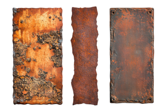 Collection of eight rectangular weathered metal plates with rust and texture isolated on transparent background. Set of metal plates with rusted surfaces isolated on white background.