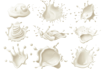 Collection of milk splashes and droplets isolated on transparent background. Set of milk or cream splashes isolated on white background.