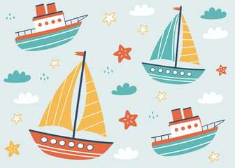 Cute cartoon boats and sailing ships with stars and clouds