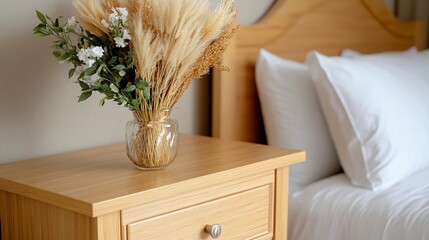 Light wooden nightstand with a vase of dried flowers and white pillows  A cozy bedroom scene