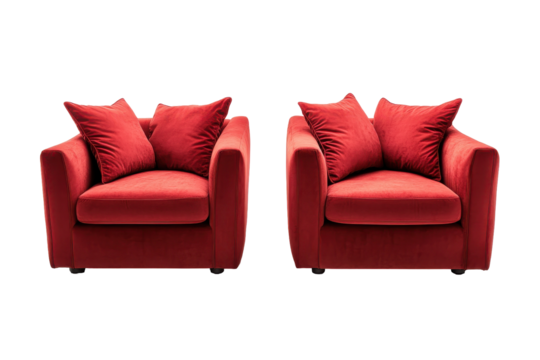 Collection of plush red armchairs isolated on transparent background. Set of modern red armchairs with soft cushions isolated on white background.