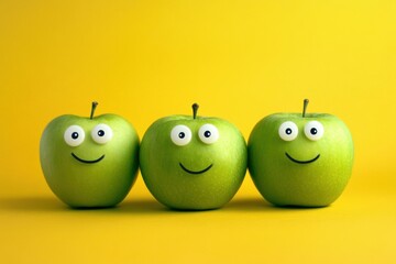 Playful green apple fruits with googly eyes on vibrant yellow backdrop for funny