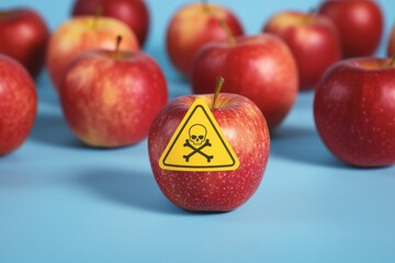 Poisonous Skull Sticker on Red Apples: Pesticide Residues Concept in Agricultural Food, apples with poison symbol