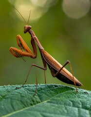 Mantis on green leaf