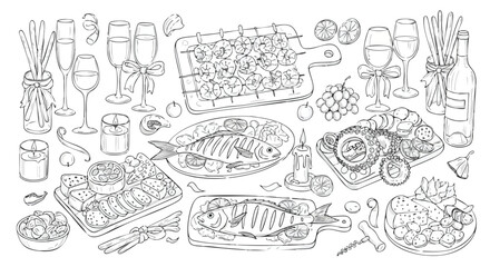Elegant seafood feast sketch for coloring books and unique menu designs featuring grilled shrimp, fish, octopus, wine, grapes, and candles