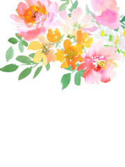 Hand painted abstract watercolor floral bouquet transparent background for wedding invitation, banner, SNS and post card. PNG file. Spring peonies and wild flowers card template.