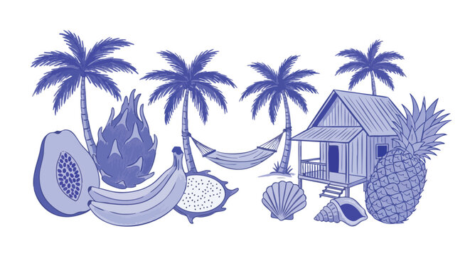 Dreamy tropical escape with exotic fruits, palm trees, a charming beach hut, and a relaxing hammock invites pure vacation bliss and serene island vibes.