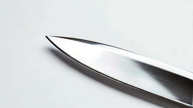 Close-up of sharp kitchen knife blade against white background, highlighting its shiny metallic surface