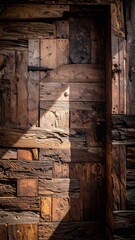 Sunlit Rustic Wooden Door with Intricate Textures and Patterns.
