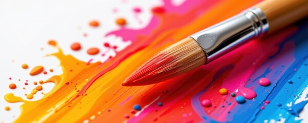 Close-up of a paintbrush lying on colorful vibrant paint splashes with bright hues and textures, ideal for artists, creativity, art projects, and design content