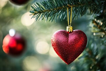 Red Christmas bauble ornament in heart shape on tree with space for shaped