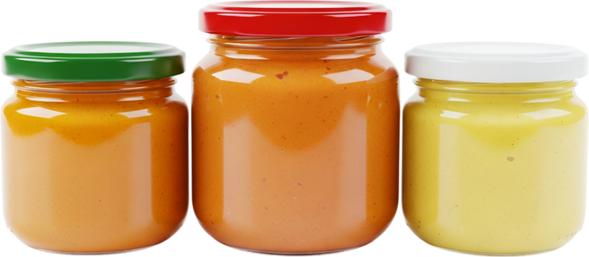 Three glass jars of smooth paste one with a green lid one with a red lid one with a white lid isolate