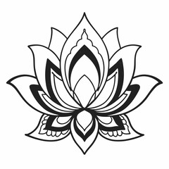 Elegant black and white outline of a stylized lotus flower with intricate petal details and a central bud symbolizing purity and enlightenment