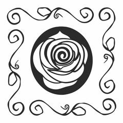 Elegant black and white silhouette of a rose within a circular frame adorned with swirling decorative flourishes and ornate border elements