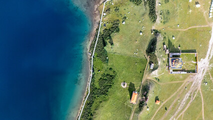 aerial view of water and grassland