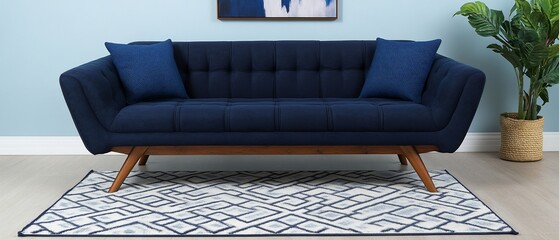 Mid-century modern navy blue sofa with a light gray patterned rug