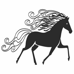 Elegant silhouette of a galloping horse with flowing mane and tail in a dynamic artistic style