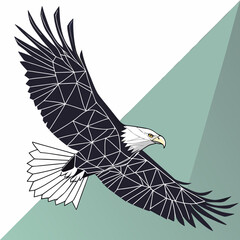 Geometric bald eagle in flight with wings spread wide against a minimalist teal and white background