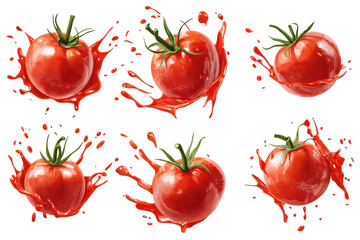 Fresh ripe tomatoes and chili peppers splashing isolated on transparent background. Set of red tomato ketchup splatters isolated on white background.