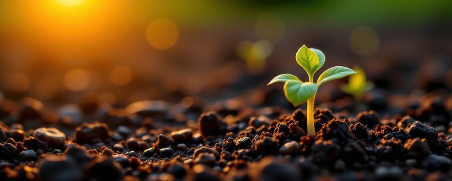 Close-up of a young green seedling sprouting from dark fertile soil du early growth stage in natural outdoor environment with warm sunlight