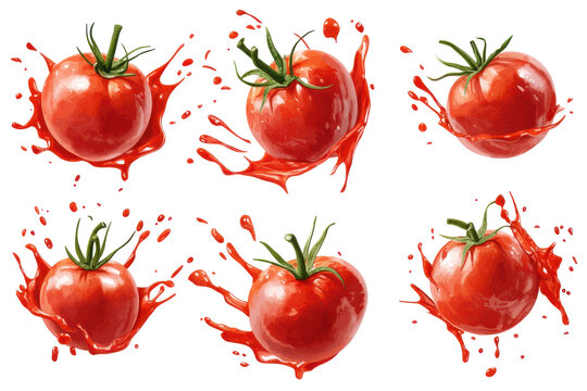 Fresh ripe tomatoes and chili peppers splashing isolated on transparent background. Set of red tomato ketchup splatters isolated on white background.