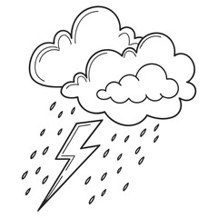 Hand drawn illustration of a stormy weather symbol featuring rain clouds falling raindrops and a lightning bolt in a simple black and white sketch style