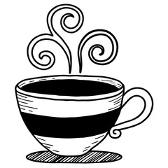 Hand drawn sketch of a steaming hot cup of coffee or tea with swirling steam and striped design on a white background